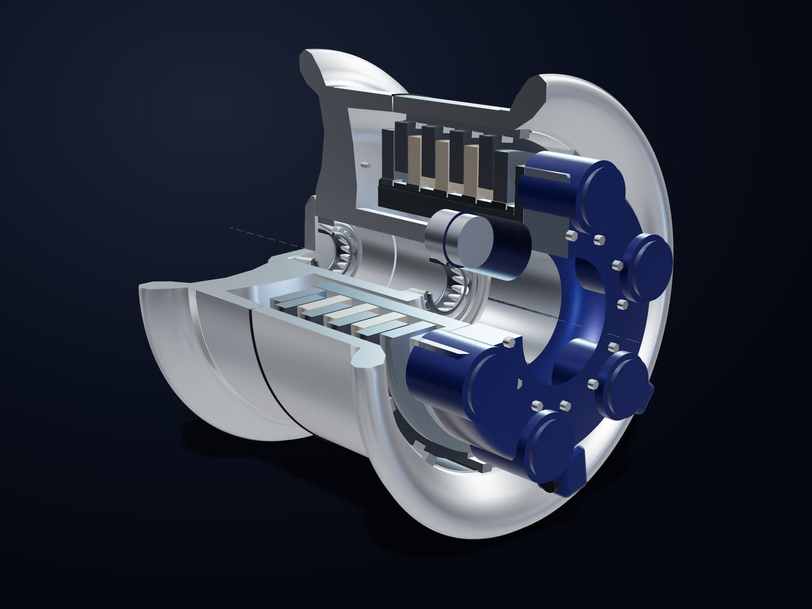 Cutaway of the COMO aircraft wheel and multi-disc brake