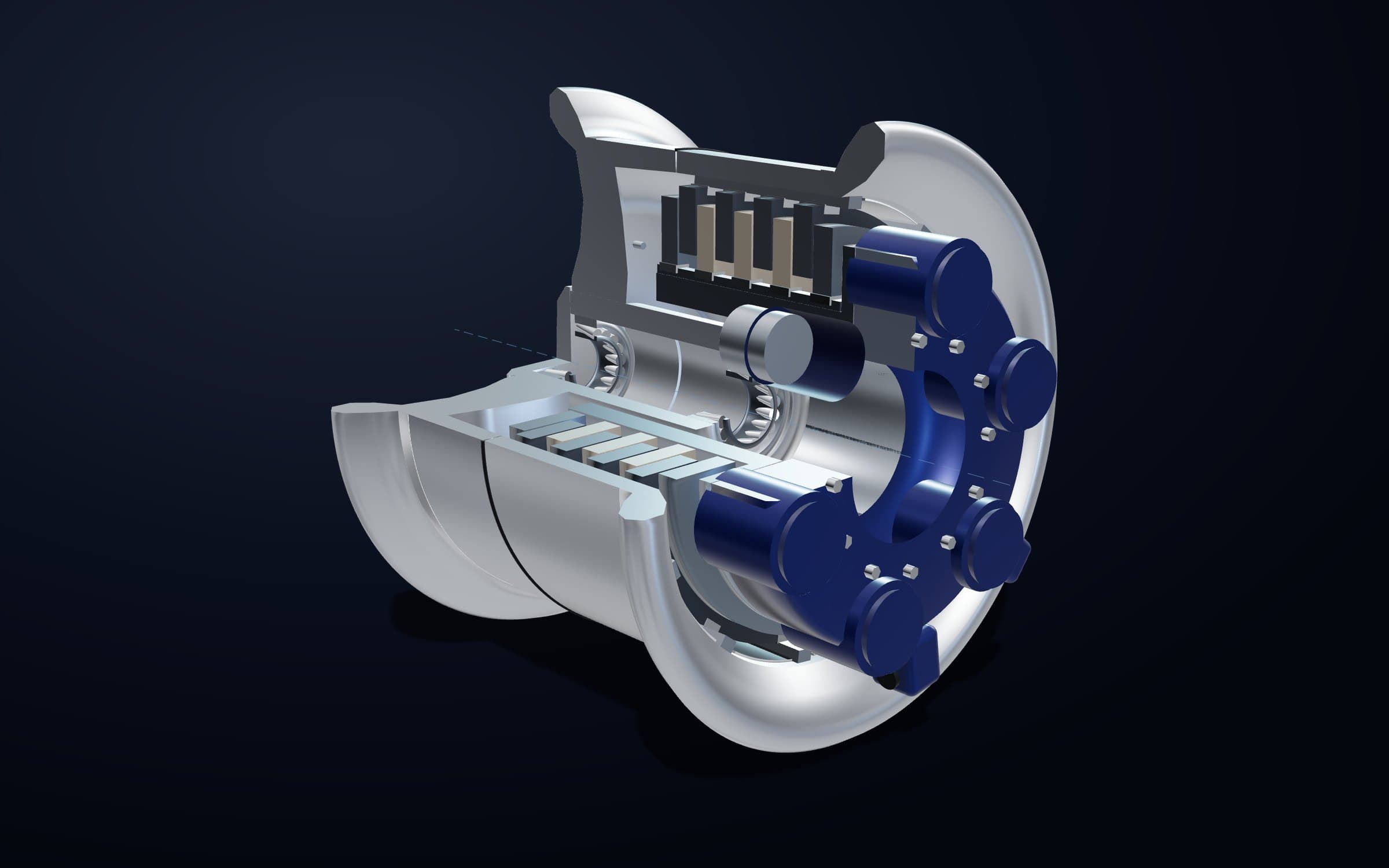 Cutaway of the COMO aircraft wheel and multi-disc brake