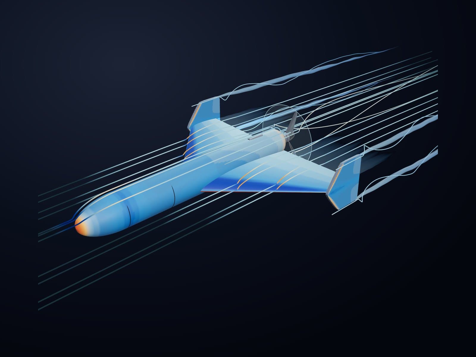 DOGRA UAV with surface pressure contours, velocity-coloured streamlines and fin-tip vortices