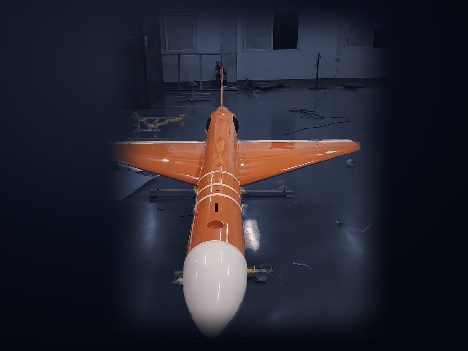 A SIKKA-built UAV on the factory floor, seen nose-on