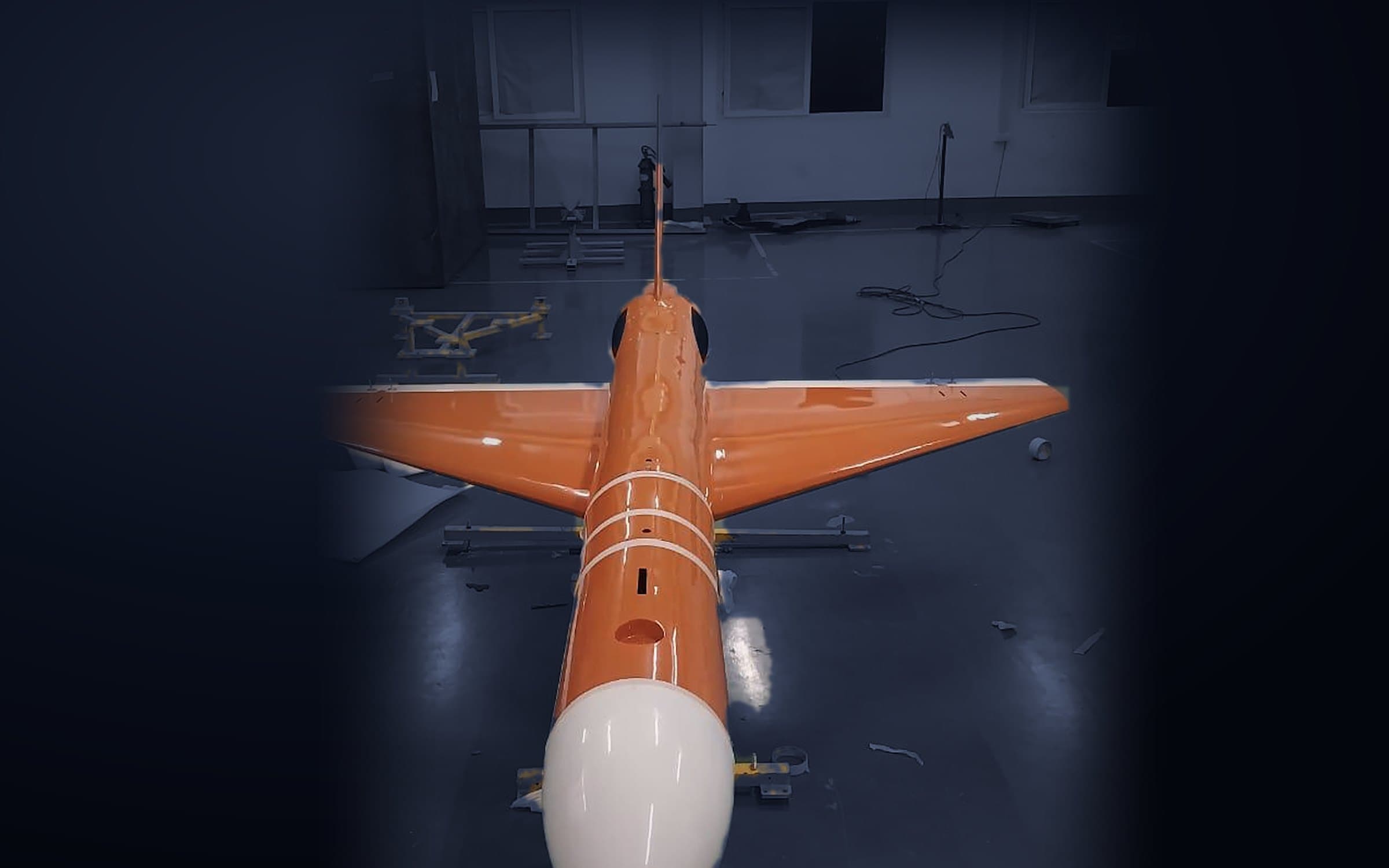 A SIKKA-built UAV on the factory floor, seen nose-on