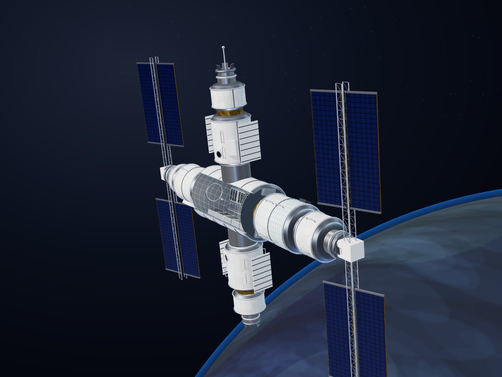 Modular orbital habitat with an extended-reality cutaway of the core module