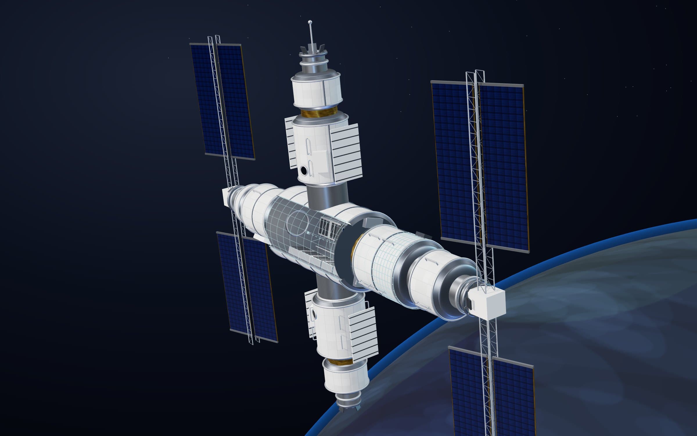 Modular orbital habitat with an extended-reality cutaway of the core module
