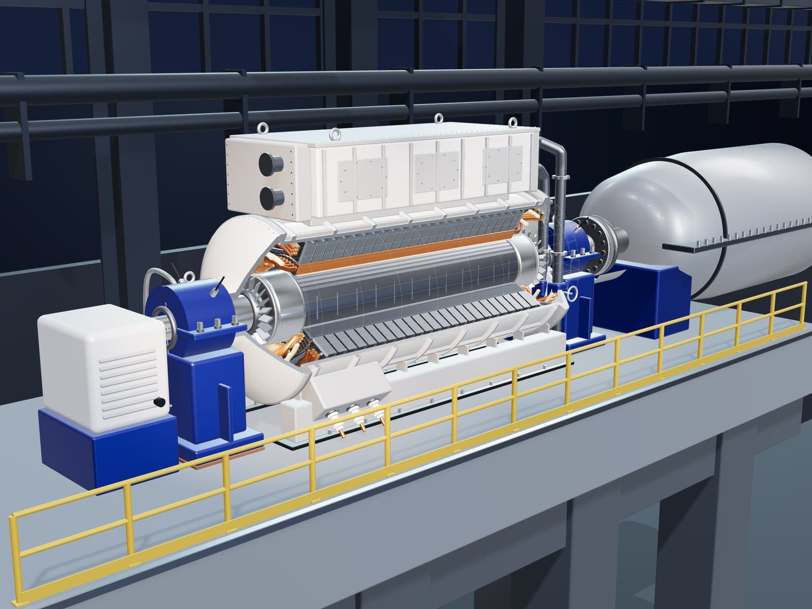 Representative 100 MW-class generator in a turbine hall, with a cutaway of the stator