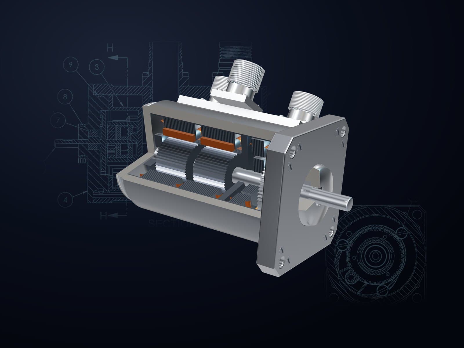 Cutaway of the RAMAN stepper motor over its engineering drawing