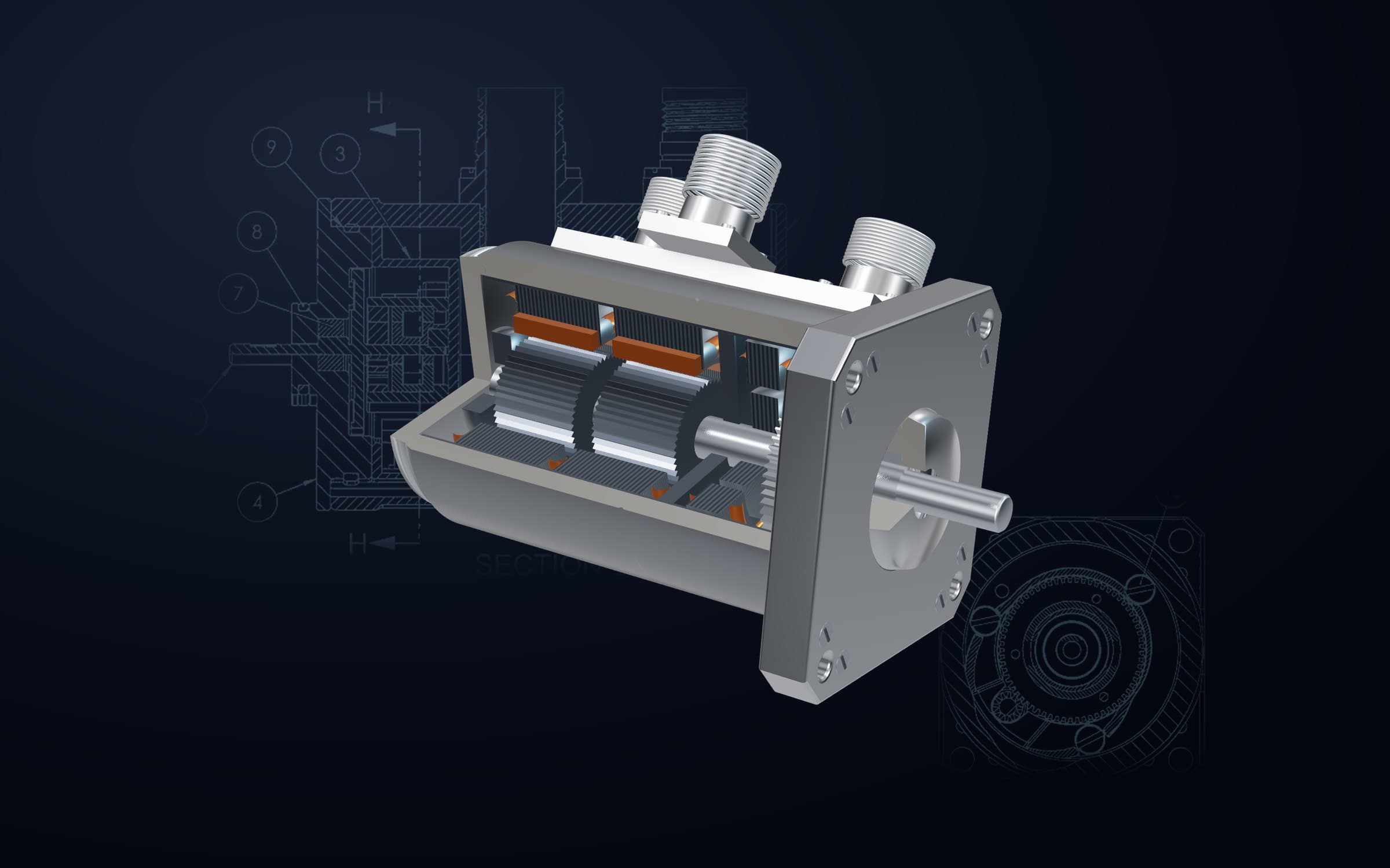 Cutaway of the RAMAN stepper motor over its engineering drawing