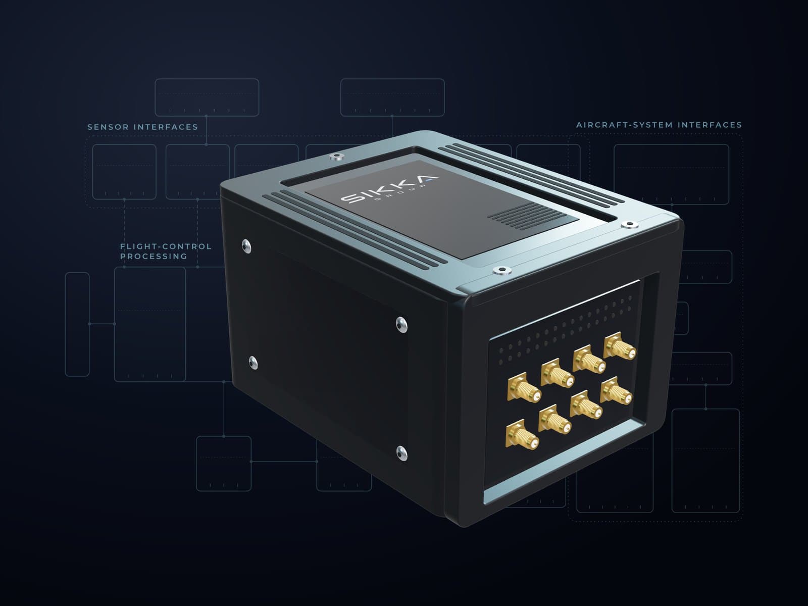 SURYA flight control computer enclosure with coaxial connectors, over an outline of its architecture