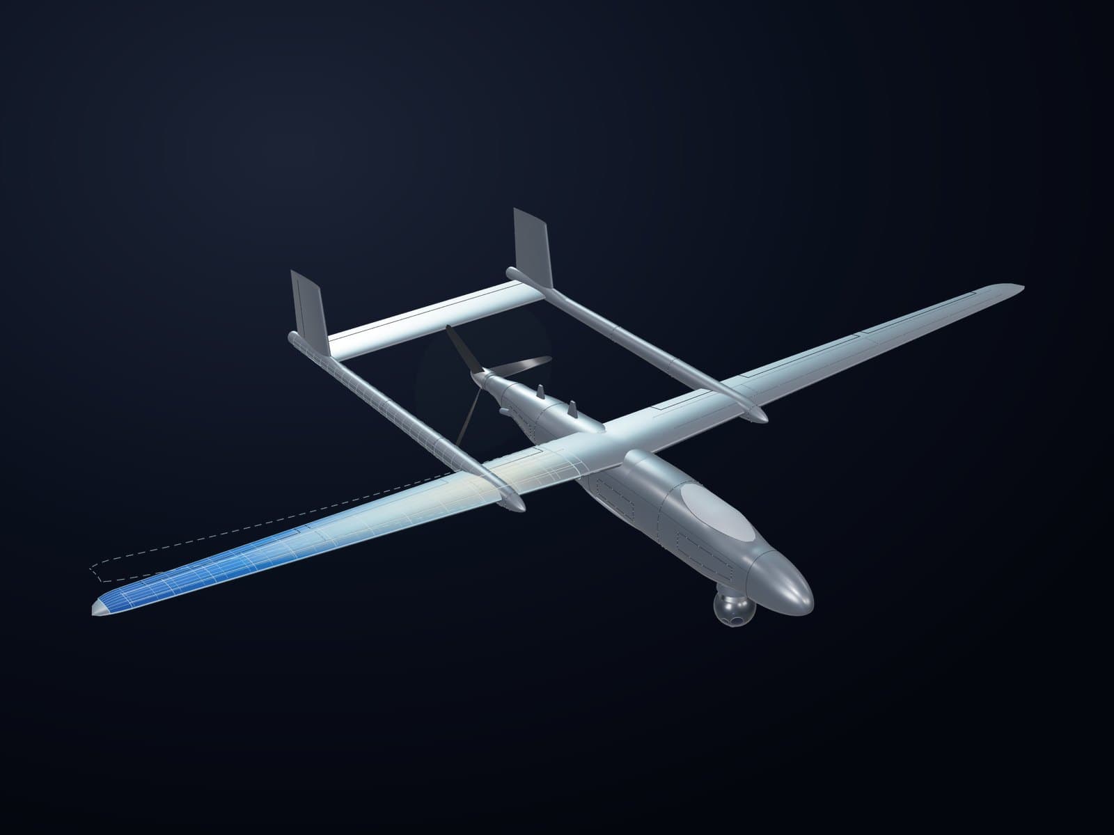 Twin-boom UAV with a structural simulation mesh and physical and virtual sensor points on the wing