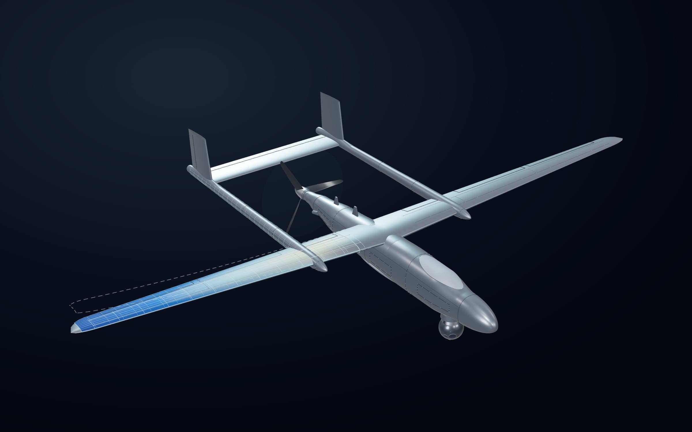 Twin-boom UAV with a structural simulation mesh and physical and virtual sensor points on the wing