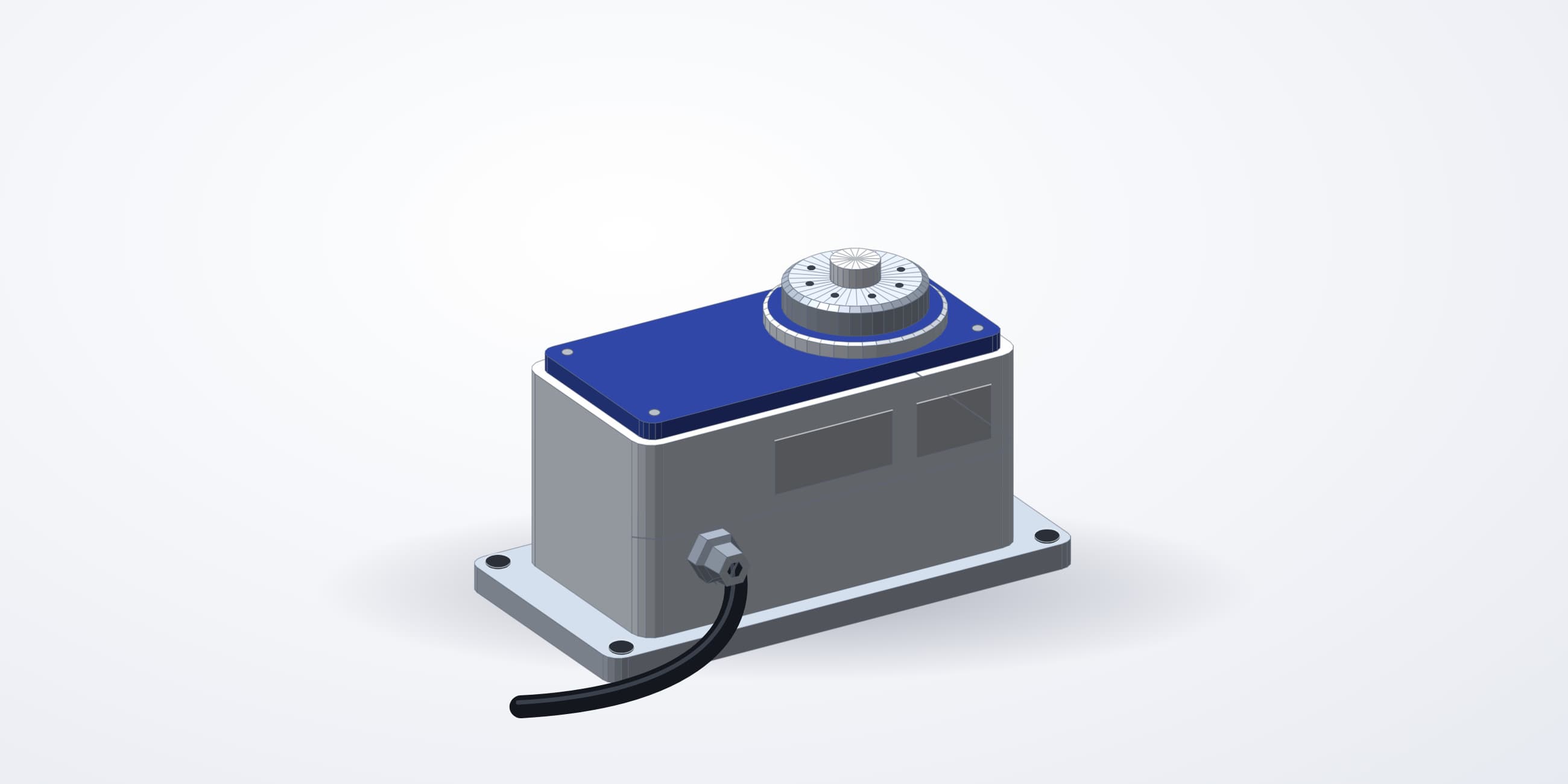 Representative illustration of a machined electromechanical actuator: low rectangular housing with a top cover, an offset circular output flange, a base flange with four corner fixings and a cable gland