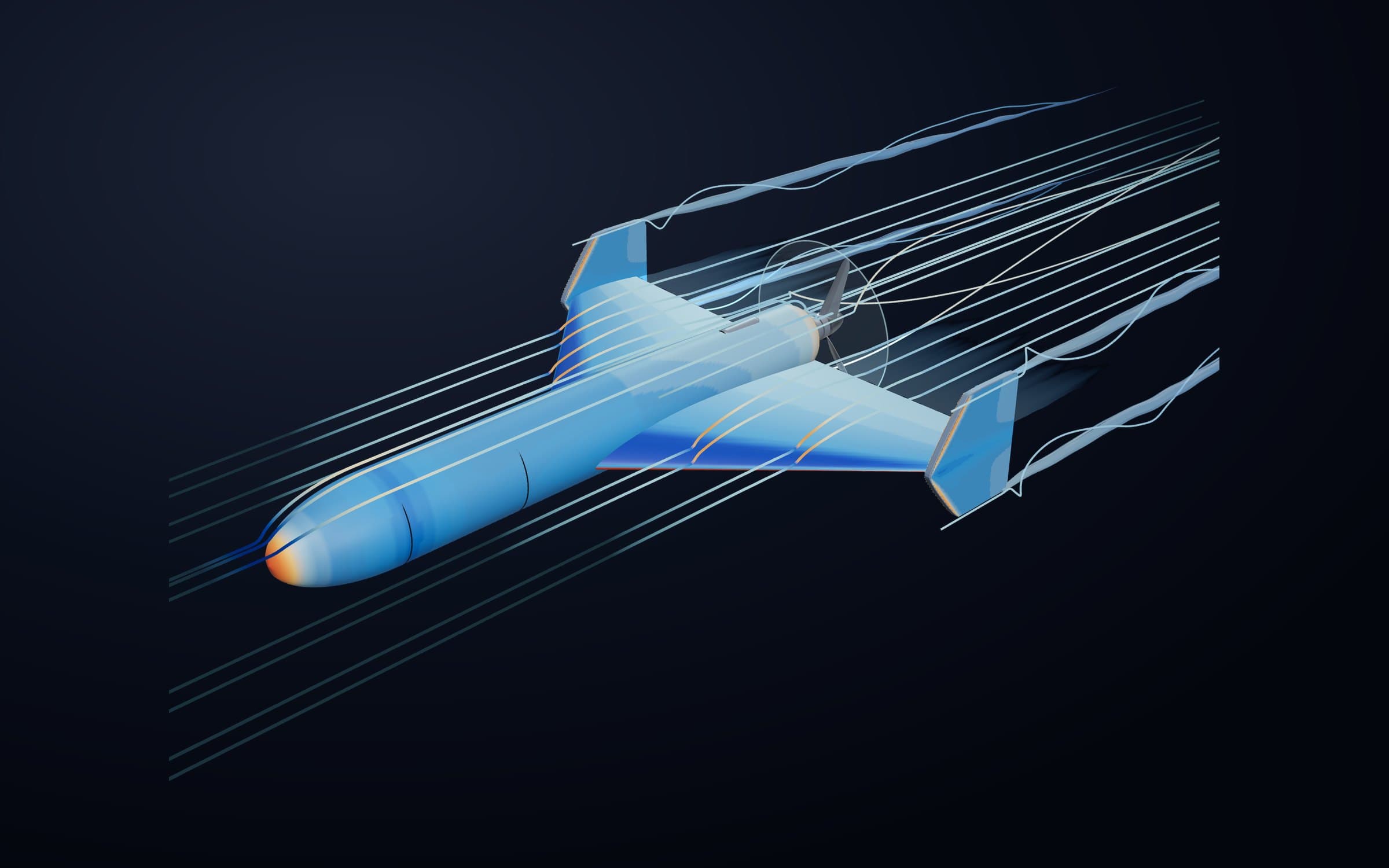 DOGRA UAV with surface pressure contours, velocity-coloured streamlines and fin-tip vortices