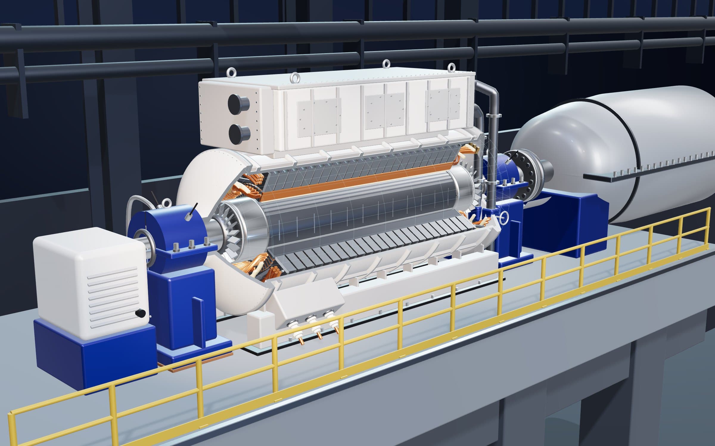 Representative 100 MW-class generator in a turbine hall, with a cutaway of the stator